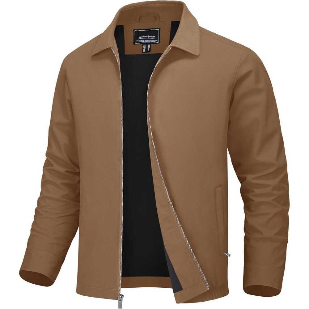 Men's Stylish Jackets Coat Brown Lightweight Casual Full Zip Up Pockets Golf